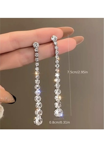 Taşlı Gümüş Renkli Uzun Şık Parti Nişan Kına Nikah Düğün Abiye Küpe fiyatları