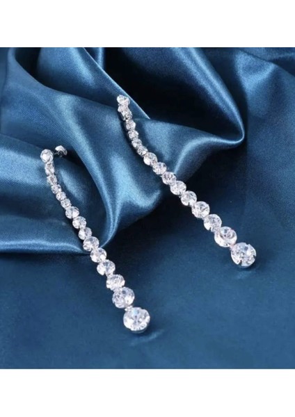 Taşlı Gümüş Renkli Uzun Şık Parti Nişan Kına Nikah Düğün Abiye Küpe fırsatları