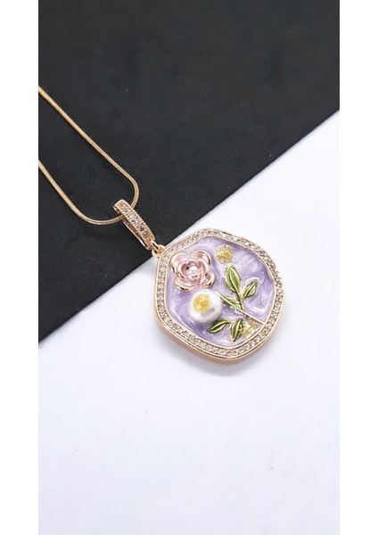 Gül Figürlü Yeşil Yapraklı Mor Sanat Çelik Kolye modelleri