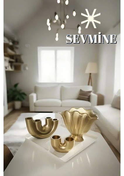 ✨ Golden Calm 3’lü Iskandinav Vazo & Mumluk Seti – Bohem Gold Masaüstü Dekorasyon Takımı
