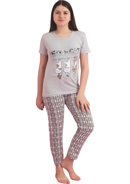Faryakids Pamuklu Kısa Kollu Kedi Desenli Kız Çocuk Pijama Takımı fırsatları
