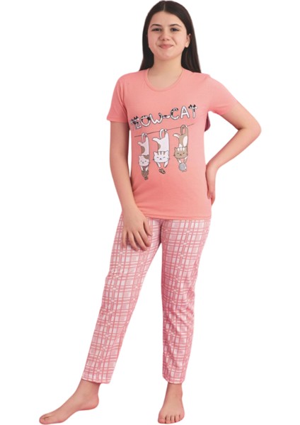Faryakids Pamuklu Kısa Kollu Kedi Desenli Kız Çocuk Pijama Takımı fırsatları