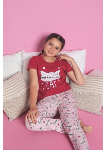 Faryakids Pamuklu Kısa Kollu Kedi Desenli Kız Çocuk Pijama Takımı modelleri