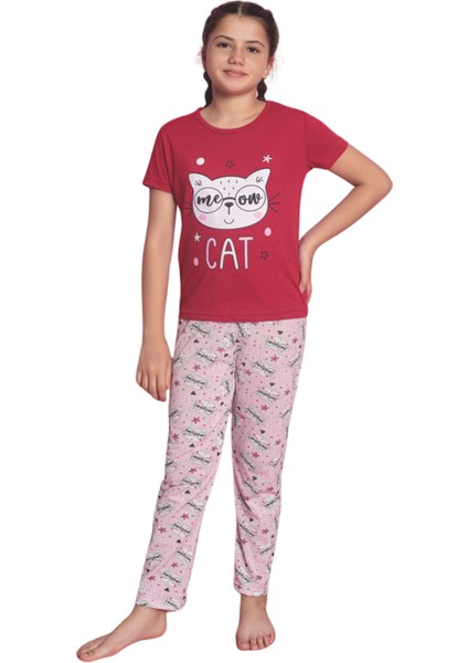 Faryakids Pamuklu Kısa Kollu Kedi Desenli Kız Çocuk Pijama Takımı fırsatları