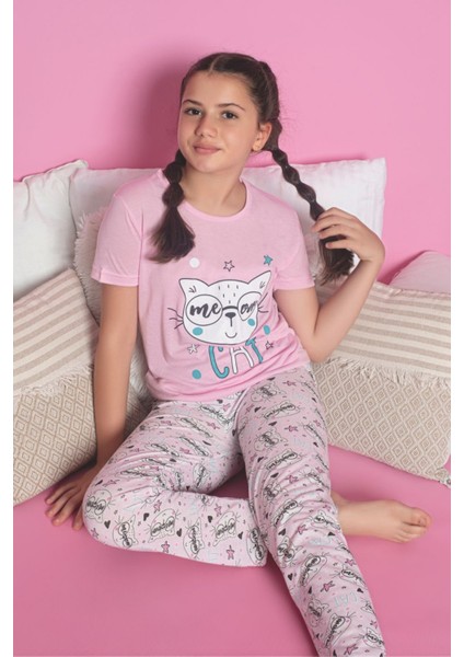 Faryakids Pamuklu Kısa Kollu Kedi Desenli Kız Çocuk Pijama Takımı