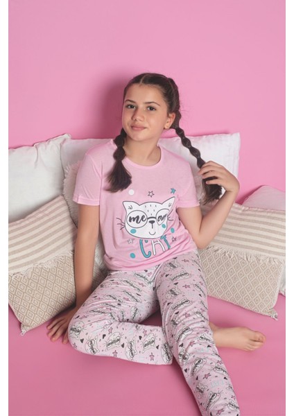 Faryakids Pamuklu Kısa Kollu Kedi Desenli Kız Çocuk Pijama Takımı modelleri