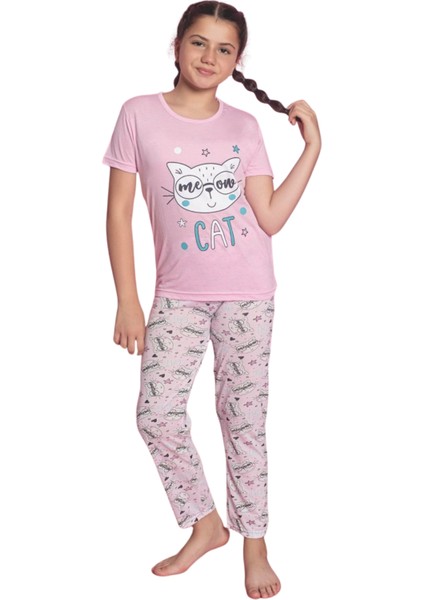 Faryakids Pamuklu Kısa Kollu Kedi Desenli Kız Çocuk Pijama Takımı fırsatları