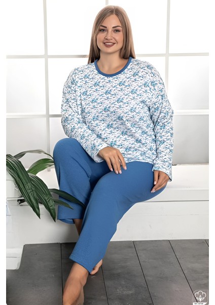 X-Dreamy Büyük Beden Pamuklu Desenli Uzun Kollu Pijama Takımı