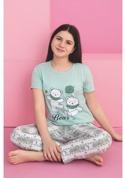 Faryakids Pamuklu Kısa Kollu Kedi Desenli Kız Çocuk Pijama Takımı