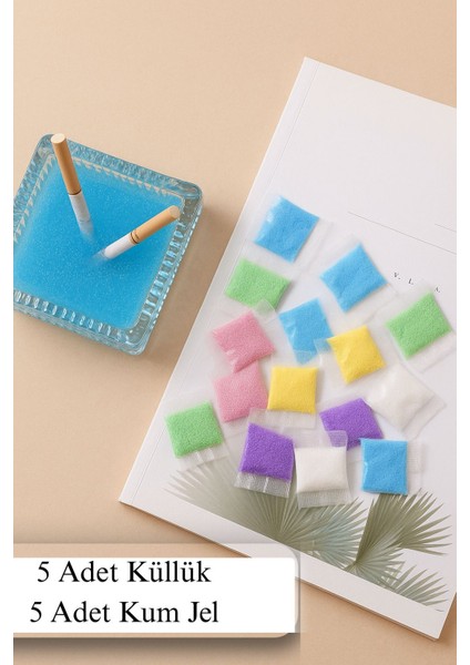 Plastik Kül Tablası + Renkli Sigara Söndürme Jel Kum Seti – 5’li Küllük & 5’li Jel Kum