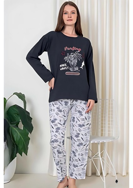 Pamuklu Desenli 2 Iplik Şardonlu Kalın Uzun Kollu Pijama Takımı