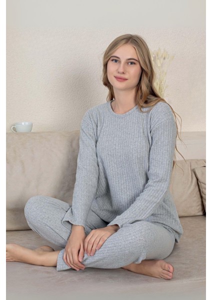Pamuklu Kalın Kışlık Interlok Şeritli Uzun Kollu Örme Pijama Takımı