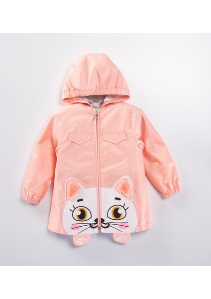 Kız Çocuk Pembe Puanlı Kapüşonlu Kedi Desenli Yağmurluk