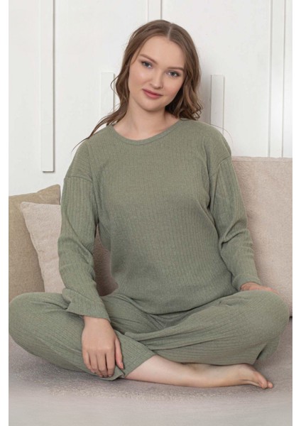 Pamuklu Kalın Kışlık Interlok Şeritli Uzun Kollu Örme Pijama Takımı