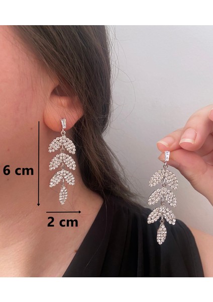 Taşlı Gümüş Renkli Uzun Sallantılı Şık Yaprak Parti Nişan Kına Nikah Düğün Abiye Küpe modelleri