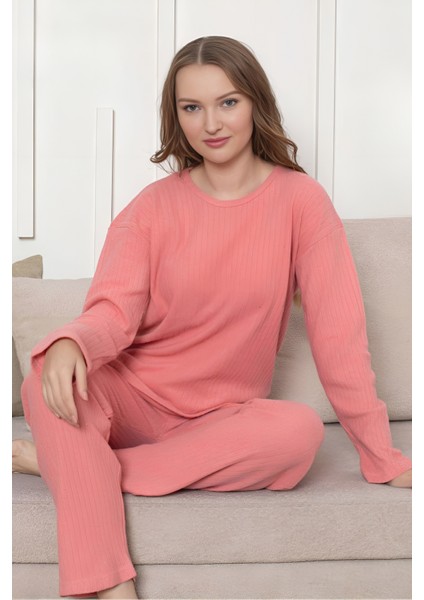 Pamuklu Kalın Kışlık Interlok Şeritli Uzun Kollu Örme Pijama Takımı