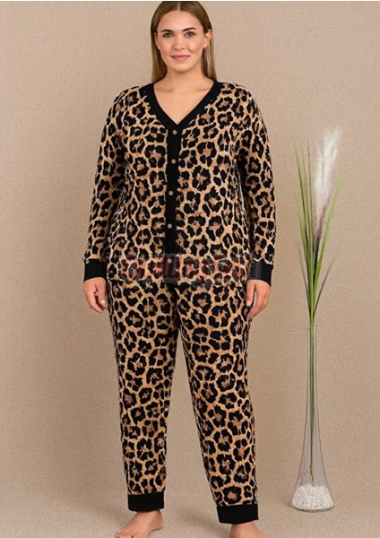 Siyah Renkli ve Leopar Desenli 11425 Kadın Uzun Kol Önden Düğmeli Büyük Beden Anne Pijama Takımı