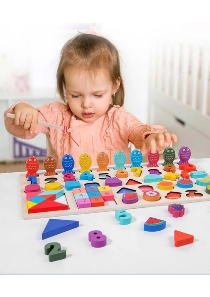 Montessori 7si 1 Arada Ahşap Eğitici Oyuncak Seti Balık Tutma Şekiller Sayı Meyveler Beceri Gelişimi modelleri