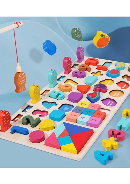 Montessori 7si 1 Arada Ahşap Eğitici Oyuncak Seti Balık Tutma Şekiller Sayı Meyveler Beceri Gelişimi fırsatları