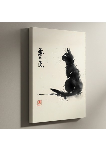Sumi-E Tekniğiyle Siyah Kedi Soyut Sanat Tablosu