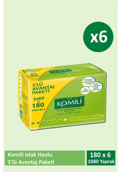 Islak Havlu 3X60'LI x 6 Adet (1080 Yaprak)