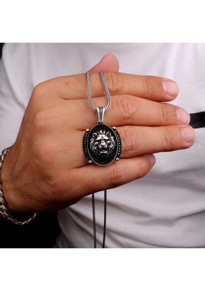 Oval Siyah Mikro Zirkon Taşlı Aslan Kafası Gümüş Kolye fiyatları