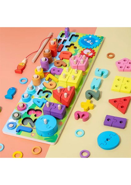 Montessori 5i 1 Arada Ahşap Eğitici Oyuncak Seti Balık Tutma Şekil Sayılar Motor Beceri Geliştirici