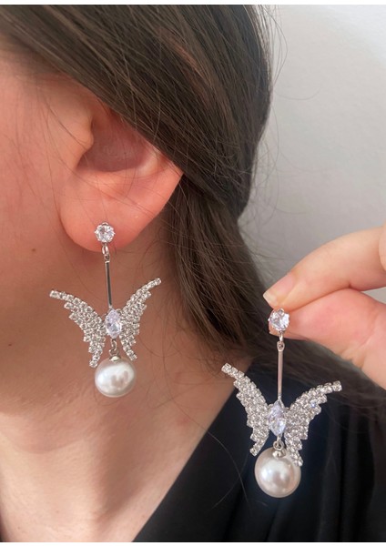 Taşlı Gümüş Renkli Inci Sallantılı Şık Kelebek Parti Nişan Kına Nikah Düğün Abiye Küpe