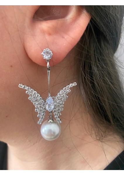 Taşlı Gümüş Renkli Inci Sallantılı Şık Kelebek Parti Nişan Kına Nikah Düğün Abiye Küpe fiyatları