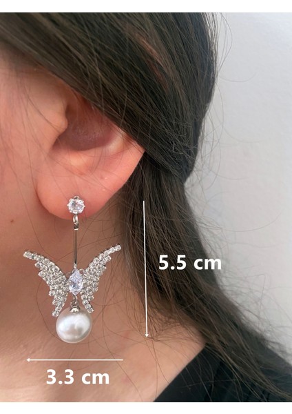 Taşlı Gümüş Renkli Inci Sallantılı Şık Kelebek Parti Nişan Kına Nikah Düğün Abiye Küpe modelleri