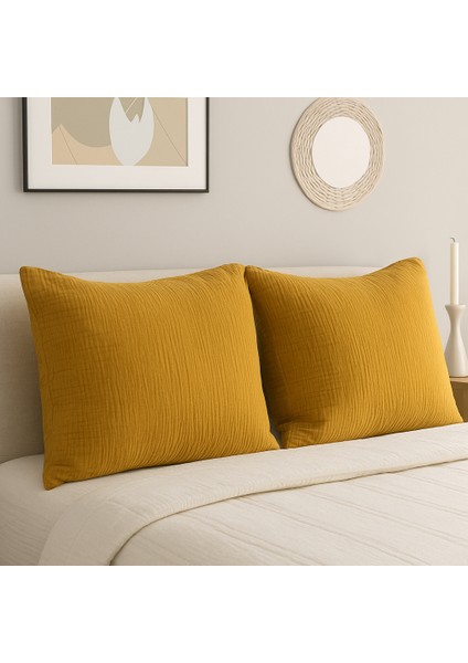 4 Katlı Müslin Hardal Renk 50X70 Cm. %100 Pamuklu 2 Adet Yastık Kılıfı