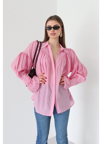 Pembe Büzgülü Tasarım Gömlek