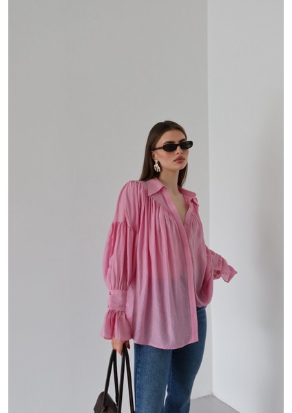 Pembe Büzgülü Tasarım Gömlek modelleri