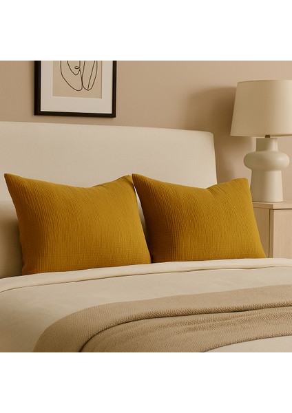 4 Katlı Müslin Hardal Renk 50X70 Cm. %100 Pamuklu 2 Adet Yastık Kılıfı modelleri