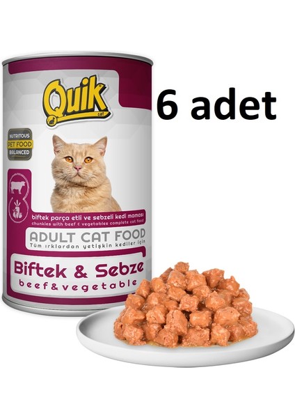 6 Adet Quik Kedi 415 gr Biftek-Sebze Konserve Skt: 12/2028