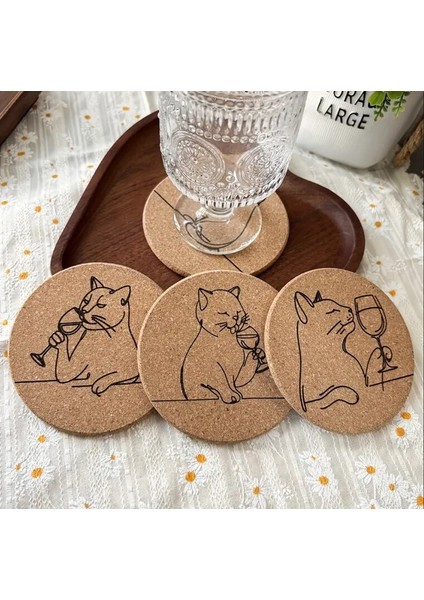 Catwine 4 Adet Büyüleyici Kedi & Şarap Kazınmış Mantar Bardak Altlıkları indirimleri