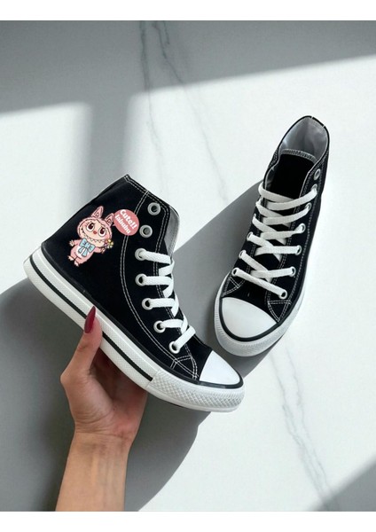 Labubu Baskılı Siyah Unisex Kadın/erkek Bilekli Keten Ayakkabı Sneaker
