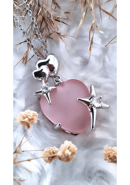 Yıldız Figür Kalp Opal Pembe Taş Çelik Kolye