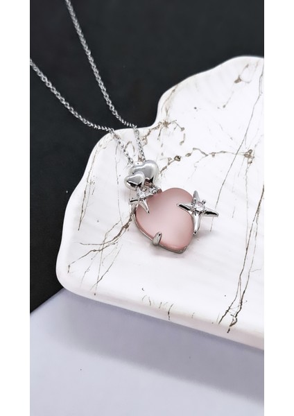 Yıldız Figür Kalp Opal Pembe Taş Çelik Kolye modelleri