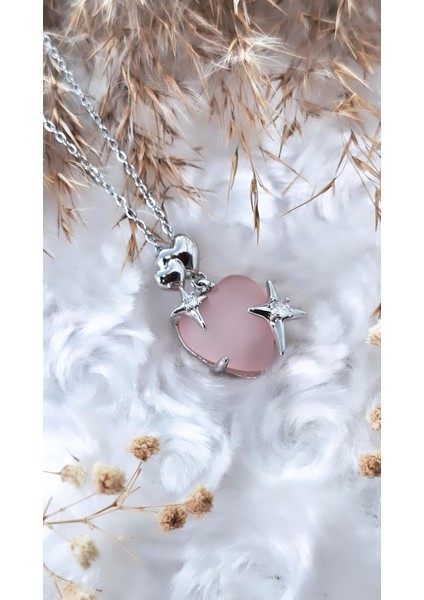 Yıldız Figür Kalp Opal Pembe Taş Çelik Kolye indirimleri