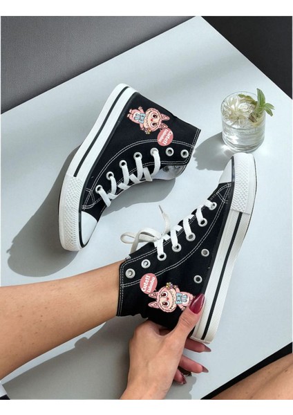 Labubu Baskılı Siyah Unisex Kadın/erkek Bilekli Keten Ayakkabı Sneaker fırsatları