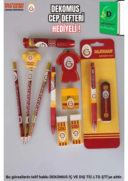 Dekomus Ile Lisanslı Galatasaray 12 Parça Kırtasiye Seti Silgi Tepeli Kurşun Kalem,forma Tasarım Kalemtraş