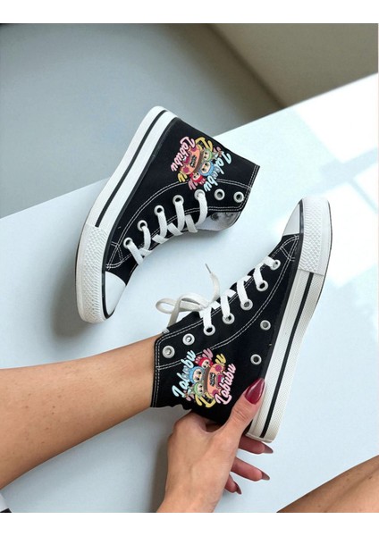 Labubu Baskılı Siyah Unisex Kadın/erkek Bilekli Keten Ayakkabı Sneaker modelleri