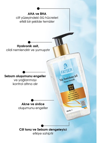 24K Altın Parçacıklı Arındırıcı Nemlendirici Gözenek Sıkılaştırıcı Yüz Temizleme Jeli 200 ml