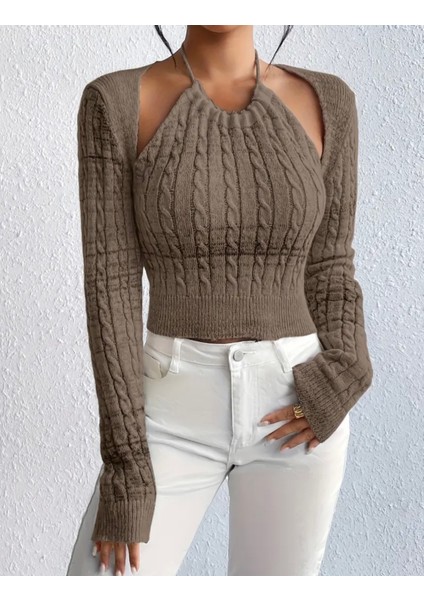 Kadın Örgü Desenli Omuz Dekolteli Slim Fit Crop Kazak fiyatları