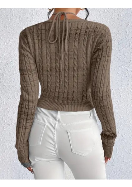 Kadın Örgü Desenli Omuz Dekolteli Slim Fit Crop Kazak indirimleri