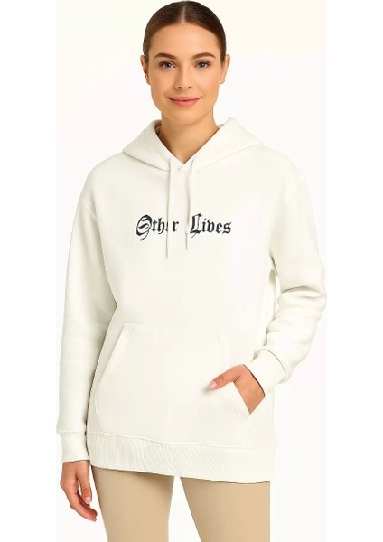 Kadın Üç Iplik Kapşonlu Ön ve Arka Baskılı Sweatshirt Hoodie- Beyaz fırsatları