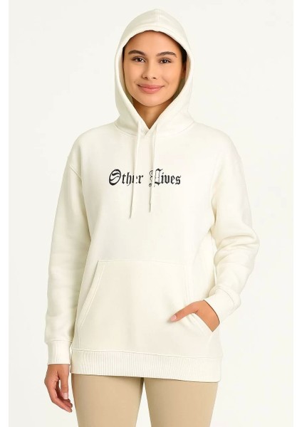 Kadın Üç Iplik Kapşonlu Ön ve Arka Baskılı Sweatshirt Hoodie- Beyaz indirimleri