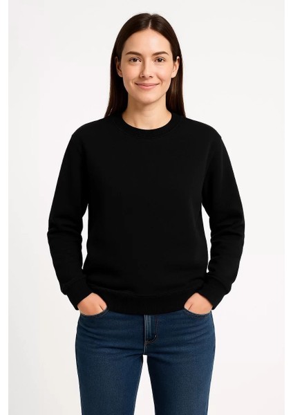 Kadın Üç Iplik Düz Bisiklet Yaka Sweatshirt - Siyah fiyatları