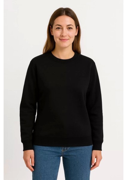 Kadın Üç Iplik Düz Bisiklet Yaka Sweatshirt - Siyah modelleri